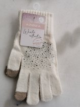 witte dames handschoenen met strass steentjes en beige vingertippen met touchscreen functie one size