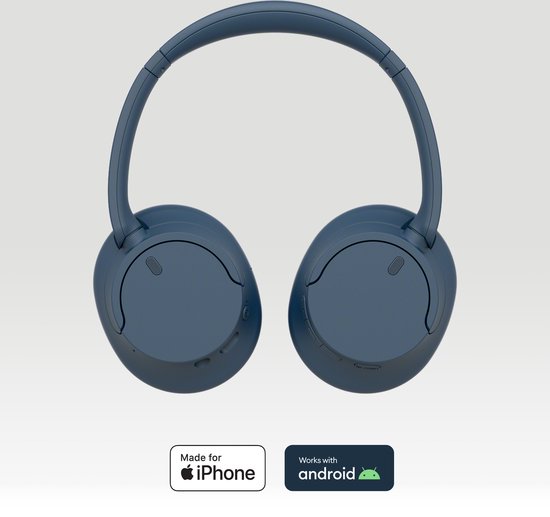 Blauwe Sony over-ear koptelefoon met hoofdband. Logo's 'Made for iPhone' en 'Works with Android'.