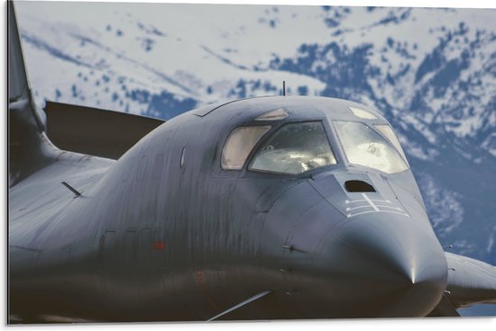 WallClassics - Dibond - Vooraanzicht van Straaljager Vliegend bij Sneeuwbergen - 75x50 cm Foto op Aluminium (Met Ophangsysteem)