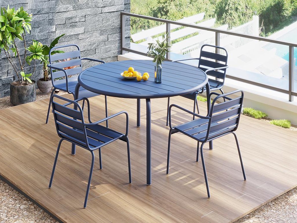 MYLIA Tuineetset MIRMANDE: tafel D.110 cm met 4 opstapelbare fauteuils - Metaal - Nachtblauw L 110 cm x H 79 cm x D 110 cm