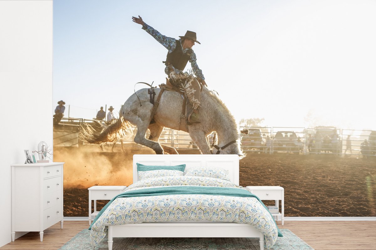 Behang - Fotobehang Paard - Cowboy - Stof - Breedte 390 cm x hoogte 260 cm