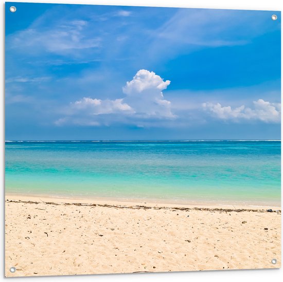 Tuinposter – Wit Strand met Helderblauwe Oceaan - 100x100 cm Foto op Tuinposter (wanddecoratie voor buiten en binnen)