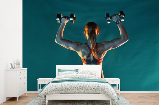 Papier peint Papier peint photo en vinyle - Une femme tient deux poids pendant le fitness largeur 390 cm x hauteur 260 cm - Tirage photo sur papier peint (disponible en 7 tailles)