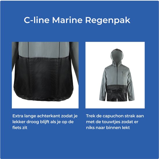 Gedetailleerde weergave van C-line Marine regenpak, met nadruk op de extra lange achterkant en de afsluitbare capuchon.