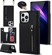 Casemania Coque pour iPhone 13 Pro Zwart - Coque arrière de Luxe avec cordon - Etui portefeuille - Porte-cartes