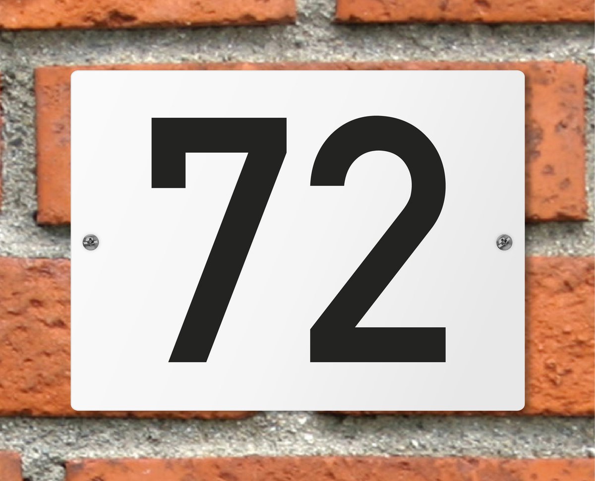 Huisnummerbord wit - Nummer 72 - standaard - 16 x 12 cm - schroeven - naambord - nummerbord - voordeur