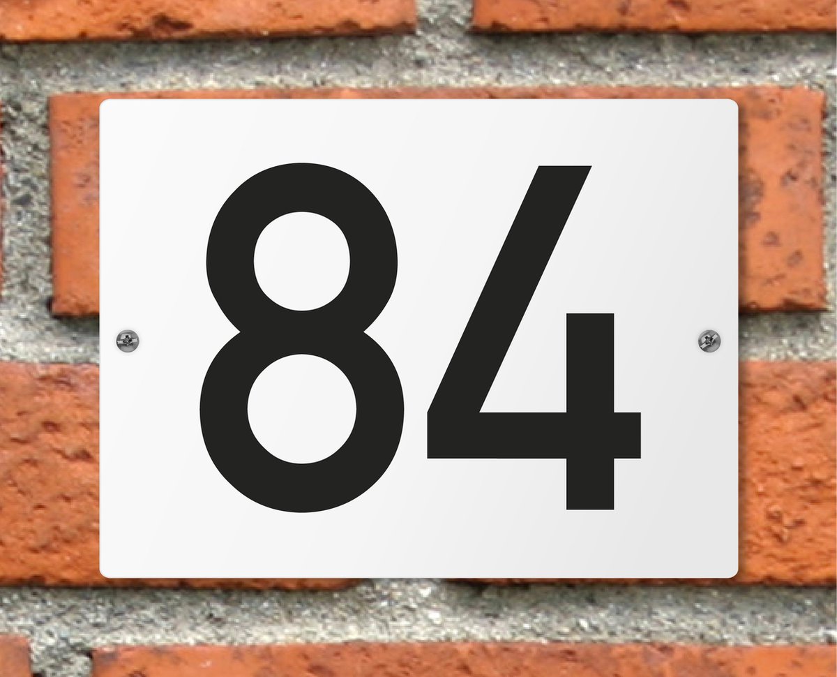 Huisnummerbord wit - Nummer 84 - standaard - 16 x 12 cm - schroeven - naambord - nummerbord - voordeur