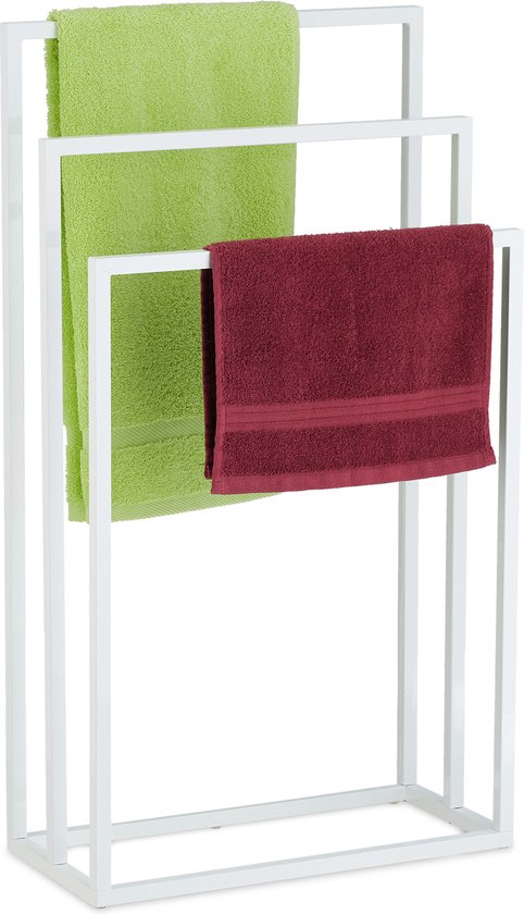 Relaxdays handdoekrek wit - 3 stangen - handdoekhouder staand - handdoekstandaard