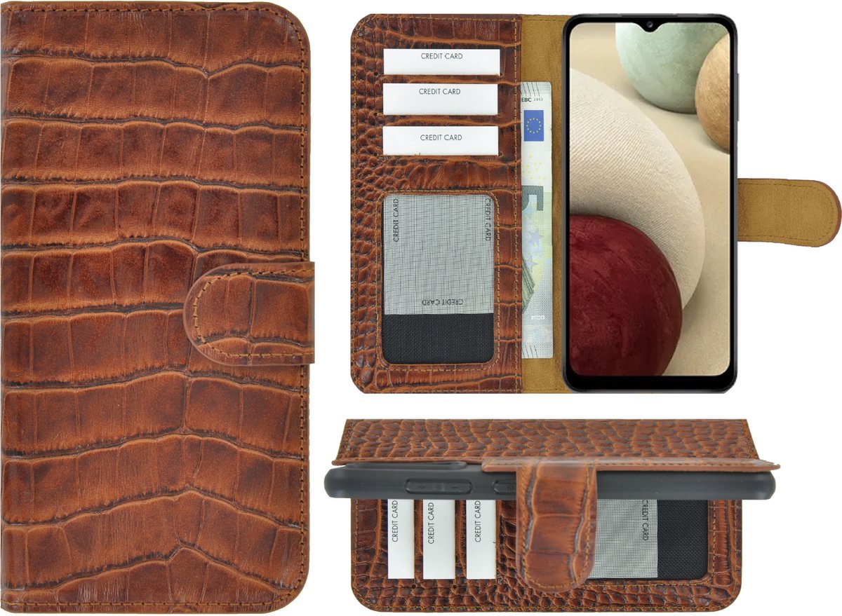 MoDo hoesje Geschikt voor Samsung Galaxy A14 5G - Echt Leer Book Case - Croco Kaneelbruin