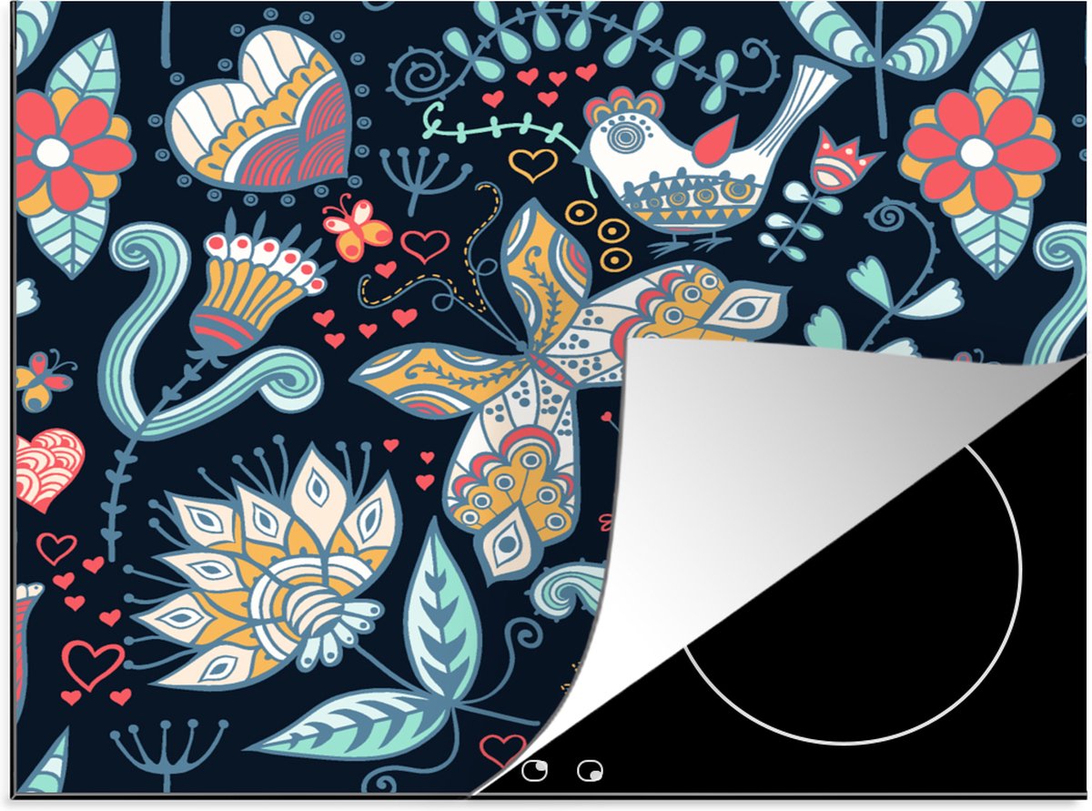 KitchenYeah® Inductie beschermer 58.3x51.3 cm - Vlinder - Vogel - Bloem - Patroon - Kookplaataccessoires - Afdekplaat voor kookplaat - Inductiebeschermer - Inductiemat - Inductieplaat mat