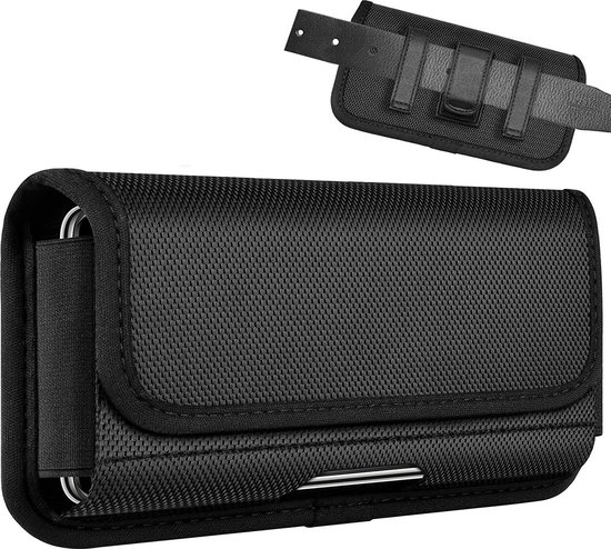 Holster de téléphone noir avec rabat en tissu et passants de ceinture renforcés.