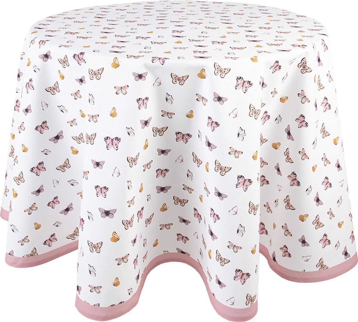 Clayre & Eef Rond Tafelkleed Ø 170 cm Beige Roze Katoen Rond Vlinders Tafellaken Tafellinnen Tafeltextiel