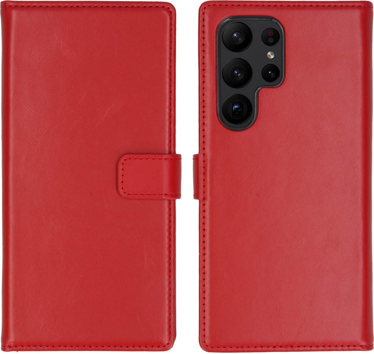 Selencia Hoesje Geschikt voor Samsung Galaxy S23 Ultra Hoesje Met Pasjeshouder - Selencia Echt Lederen Bookcase - Rood