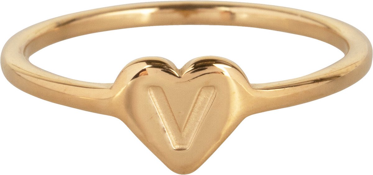 CHARMIN’S - INITIALEN - ZEGELRING - HARTJE - GOLDPLATED - LETTER V - MAAT 17 - STAINLESS STEEL - WATERPROOF