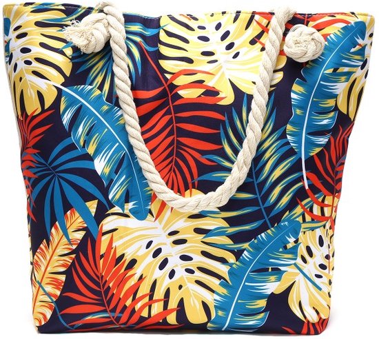 Mi Hella Strandtas met rits- Beach bag - bladeren - geel - blauw - rood - 44 x 36 x 12 cm