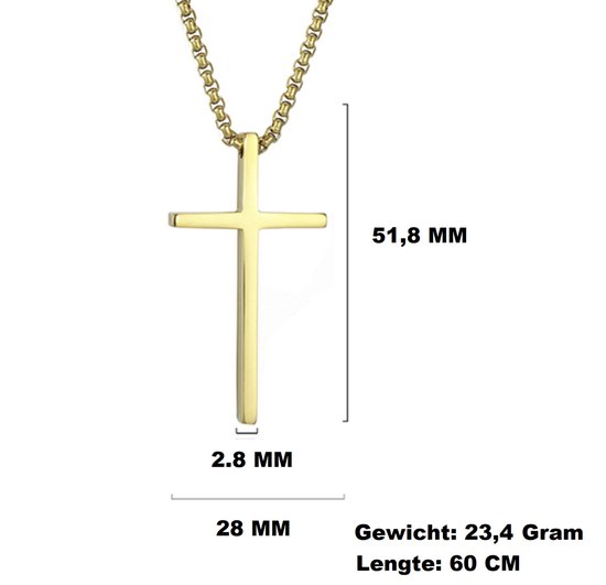 Gouden kruisketting met afmetingen: hoogte 51,8 mm, breedte 28 mm, dikte 2,8 mm. Gewicht 23,4 gram, lengte 60 cm.
