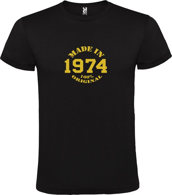 T-Shirt Zwart avec Image « Made in 1974 / 100% Original » Or Taille XL