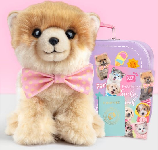 Foto: Studio pets knuffel pomeriaan pompom set pluche knuffel 23cm lila speelgoedkoffer paspoort stickerboek