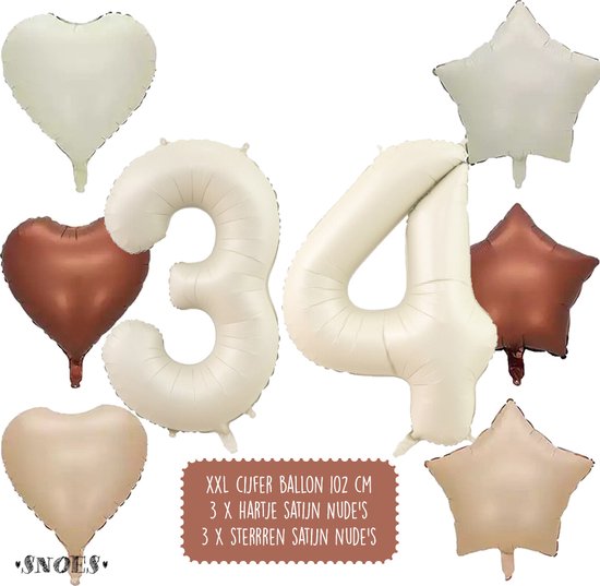 34 Jaar Cijfer Ballon - Snoes - Satijn Creme Nude Ballonnnen - Heliumballon - Folieballonnen