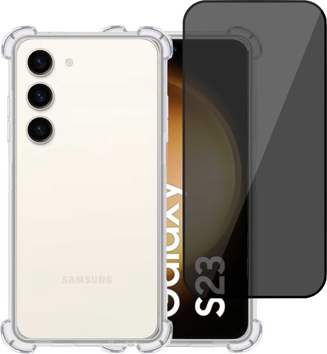 Hoesje geschikt voor Samsung S23 Plus + Privé Screenprotector – Privacy Tempered Glass - Case Transparant