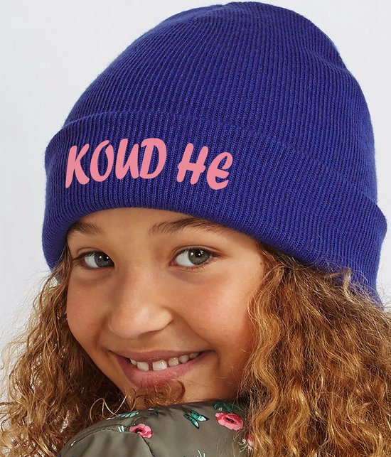 KOUD HE uniseks kinder muts Blauw met roze tekst Beanie One Size Grappige...