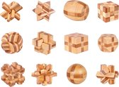 DW4Trading Casse-tête 3D en bambou Croix, Étoile, Tonneau, Flocon de Neige, Sphère, Complexe 1-2, Cube1-2-3, Nœud 1-2 - Lot de 12 Pièces - 5x5 cm