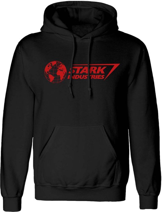Zwarte hoodie met het rode Stark Industries logo op de borst.