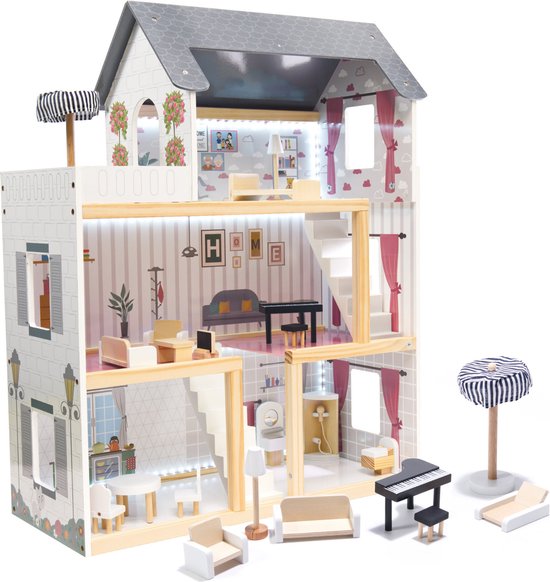 meerderheid Verdorren gemakkelijk Zeer luxe grote houten poppenhuis/ speelhuis met meubels met LED verlichting  78 cm | bol.com