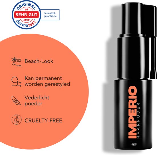 Flesje IMPERIO haarpoeder met applicator. Met keurmerk 'Original DERMATEST 2020 Sehr Gut'. Voordelen: Beach-Look, kan permanent worden gestyled, vederlicht poeder, cruelty-free.
