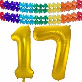 Folie ballonnen - Leeftijd cijfer 17 - goud - 86 cm - en 2x slingers