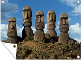 Tuin decoratie Vijf Moai standbeelden op Paaseiland - 40x30 cm - Tuindoek - Buitenposter