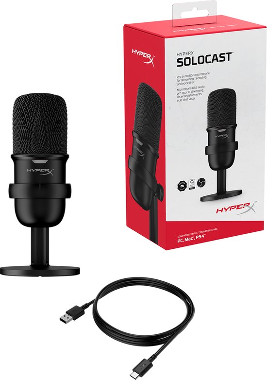 Zwarte HyperX SoloCast USB-microfoon, verpakking en USB-C kabel.