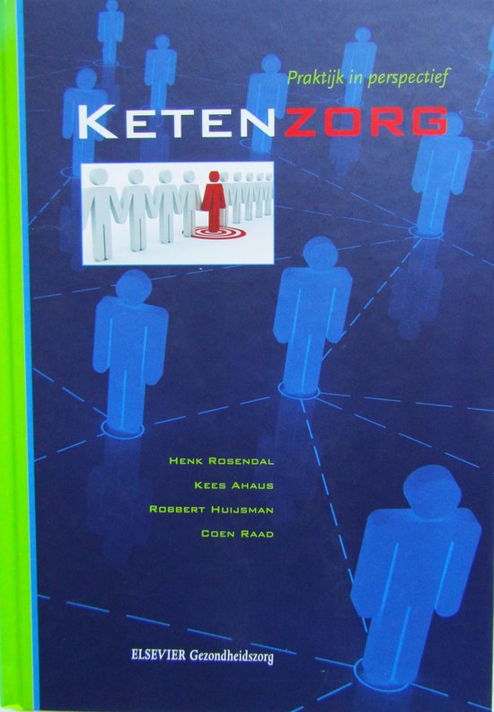 Boek "Ketenzorg" met blauwe poppetjes en een rode figuur in het midden, in een netwerk.