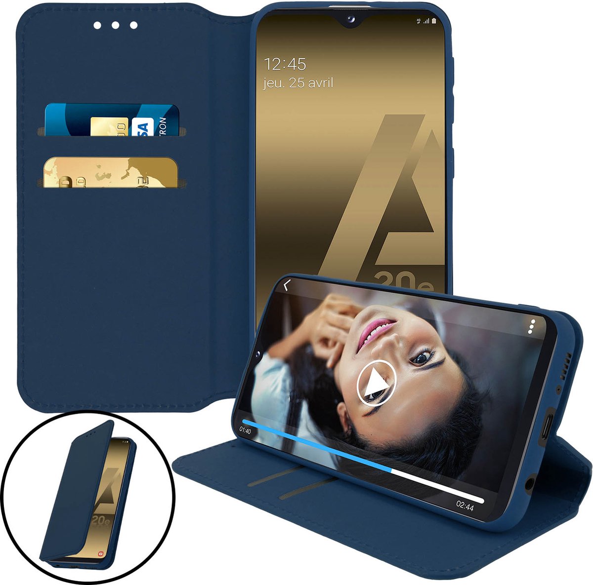 Hoes Geschikt voor Samsung Galaxy A20e klep portefeuille, video standaard donker blauw
