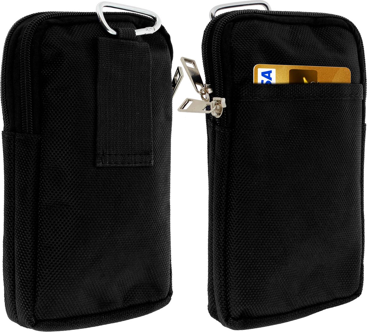 Avizar Zak Verticale nylon karabijnhaakclip 170 x 95 mm voor smartphone, Zwart
