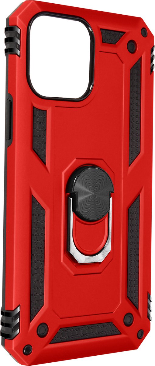 Avizar Hoesje Geschikt voor iPhone 13 Pro Max Schokbestendig met Ringhouder, Rood