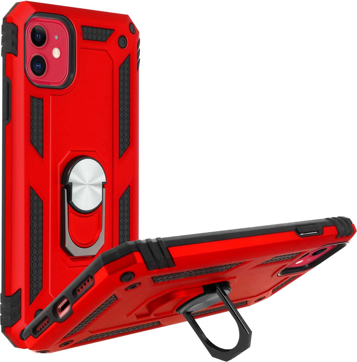 Avizar Hoesje Geschikt voor iPhone 11 Schokbestendig met Ringhouder Standfunctie, Rood