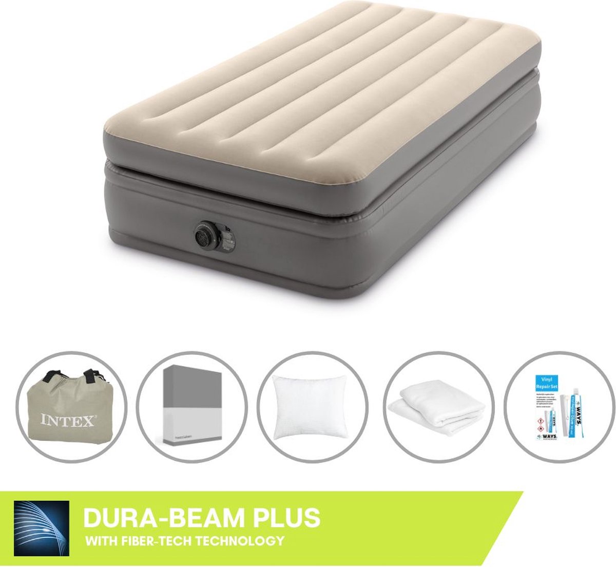Intex Luchtbedset - 1-Persoons - 99 x 191 x 51 cm - Grijs - Met Ingebouwde pomp + Hoeslaken Antraciet + Kussen + Molton 2 in 1 Kussenslopen + Reparatieset