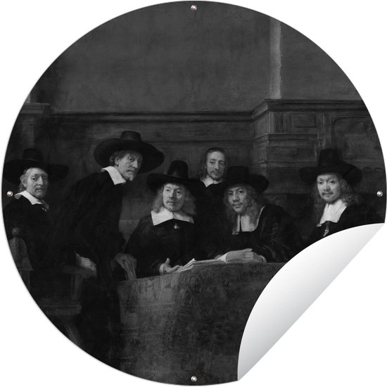 Tuincirkel De staalmeesters - Schilderij van Rembrandt van Rijn - zwart wit - 150x150 cm - Ronde Tuinposter - Buiten