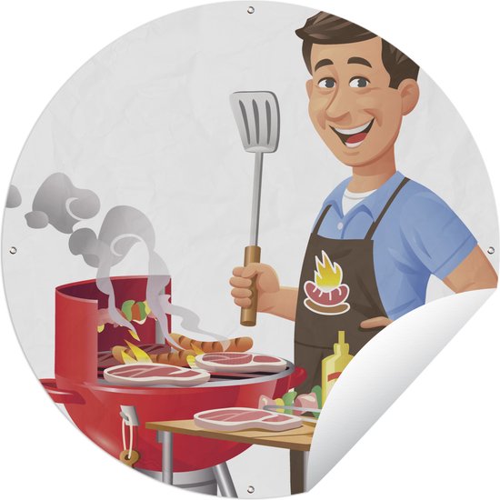 Tuincirkel Een illustratie van een man die het eten bakt op de barbecue - 90x90 cm - Ronde Tuinposter - Buiten