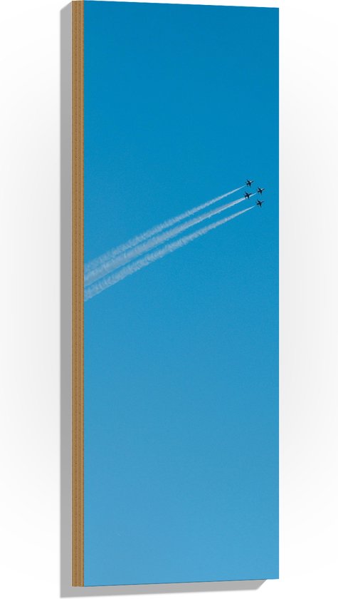 WallClassics - Hout - Groep van Vier Vliegtuigen met Vliegstrepen - 30x90 cm - 9 mm dik - Foto op Hout (Met Ophangsysteem)