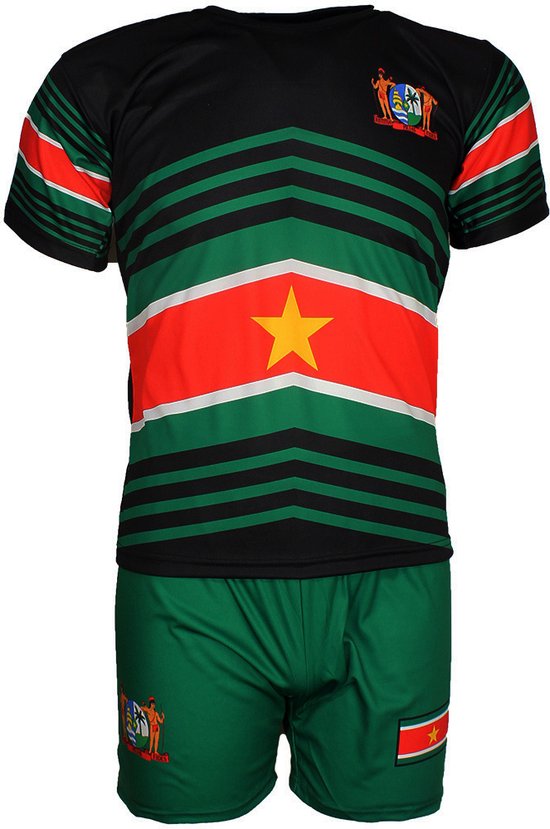 Suriname Techno Style Voetbal Tenue Set T-Shirt + Broek Zwart / Groen