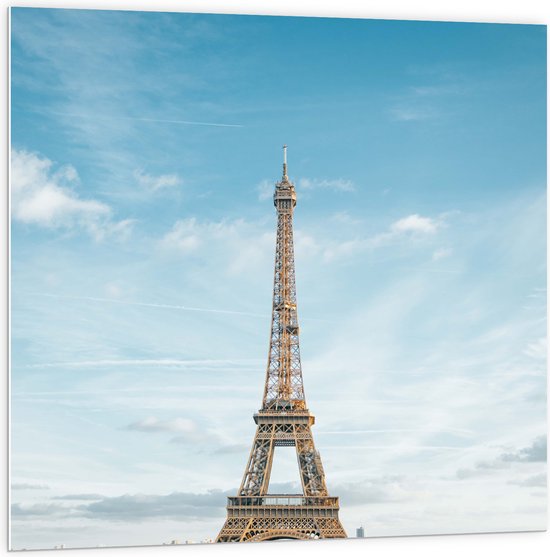 PVC Schuimplaat - Eiffeltoren in Parijs onder Lichte Bewolking - 100x100 cm Foto op PVC Schuimplaat (Met Ophangsysteem)