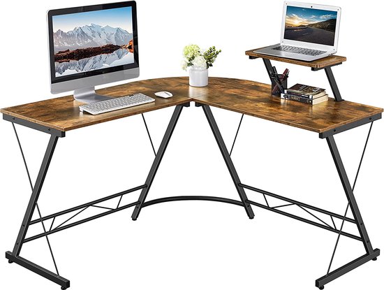 Podec L-vormig Bureau Industrieel Computertafel Laptoptafel Computerbureau Bureautafel - Met monitorstandaard - Hoekbureau