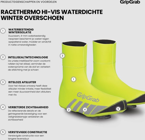 Gele winter fietsoverschoenen met de titel 'RACETHERMO HI-VIS WATERDICHTE WINTER OVERSCHOENEN', met 5 productkenmerken.