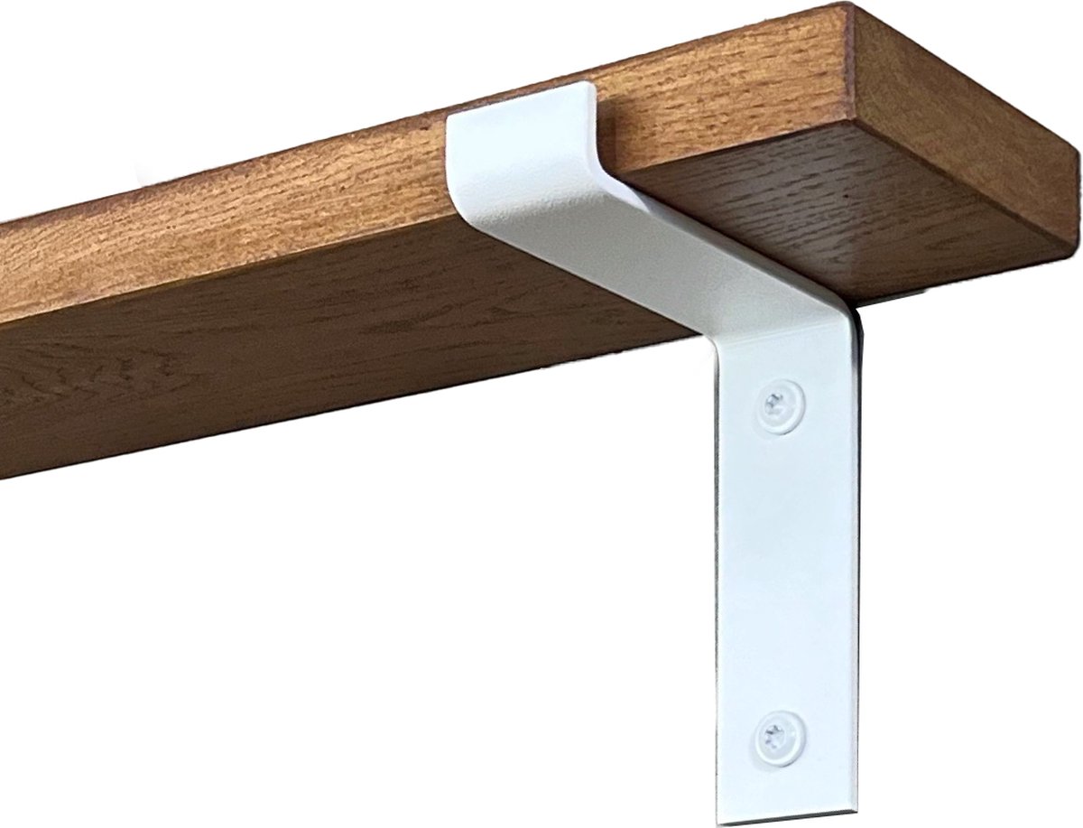 GoudmetHout Wandplank Industrieel - 100 x 10 cm Muurplank - Donker Eiken Hout - Decoratie Wandrek & Boekenrek - Hangplank Keuken - Wall Shelf + 2 Mat Witte Plankdragers van Staal Donker eiken - Mat Wit - 10 cm