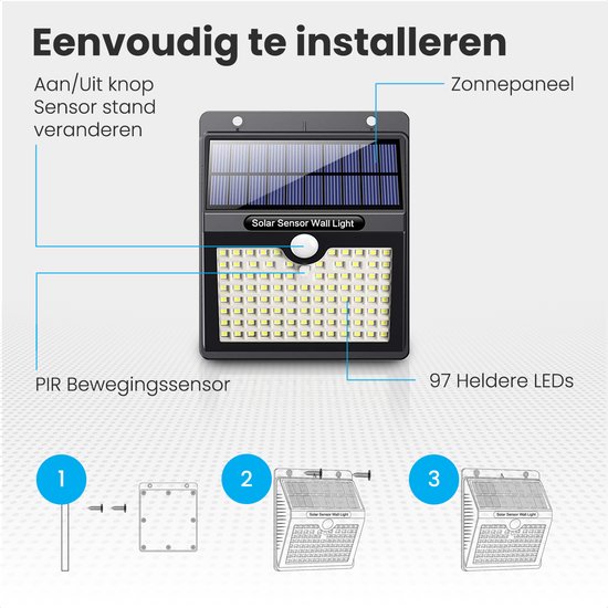 Auronic Solar Buitenlamp met Bewegingssensor - Tuinverlichting Op Zonne-energie - Wandlamp - 97 LED's - IP65 - 4 Stuks - Zwart