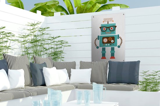 Tuinposter 40x60 cm - Tuindecoratie Robot - Bril - Tandwielen - Gezicht - Jongens - Kids - Poster voor in de tuin - Buiten decoratie - Schutting tuinschilderij - Tuindoek muurdecoratie - Wanddecoratie balkondoek