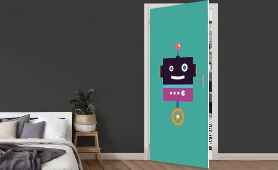 Deursticker kinderen - Sticker voor kids - Kinderkamer decoratie - Robot - Wiel - Paars - Groen - Jongens - Kids - 80x205 cm