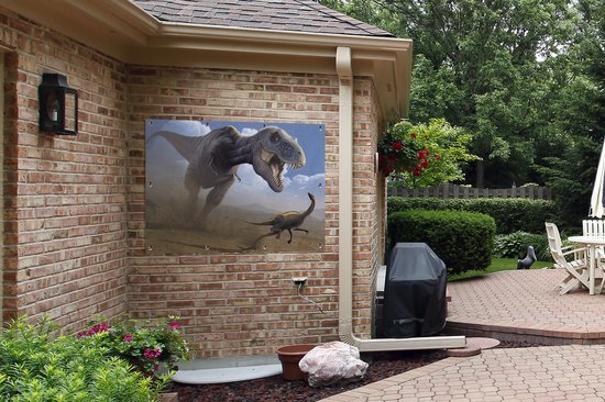 Affiche de jardin Dino - Animaux sauvages - Dessin - Enfants - Garçons - Enfants - 130x90 cm - Décoration murale Extérieur - Affiche de jardin - Toile de jardin - Affiche de clôture - Peinture de jardin